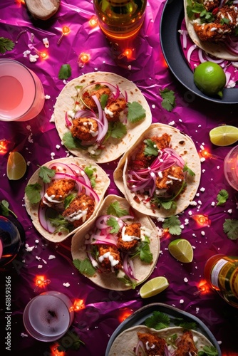 vegetarian falafel mexican tacos shot from top down view on colorful purple tabletop  created with Generative A