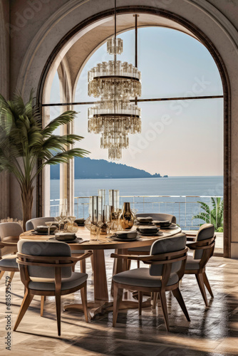 Generative AI illustration of dining room with luxury table and chairs overlooking the ocean with natural light. photo