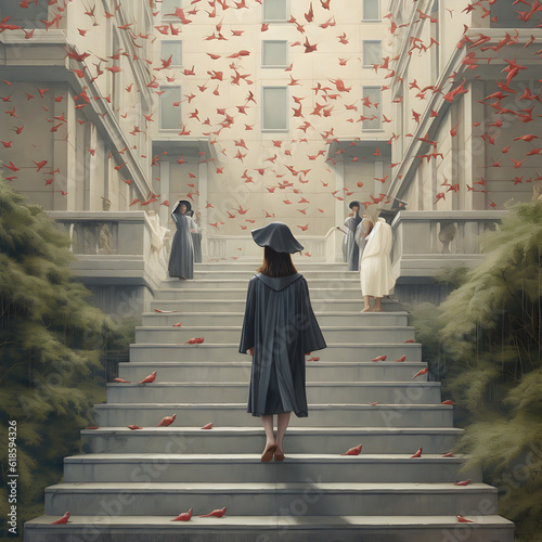 a woman in a graduation gown is walking up the stairs photo