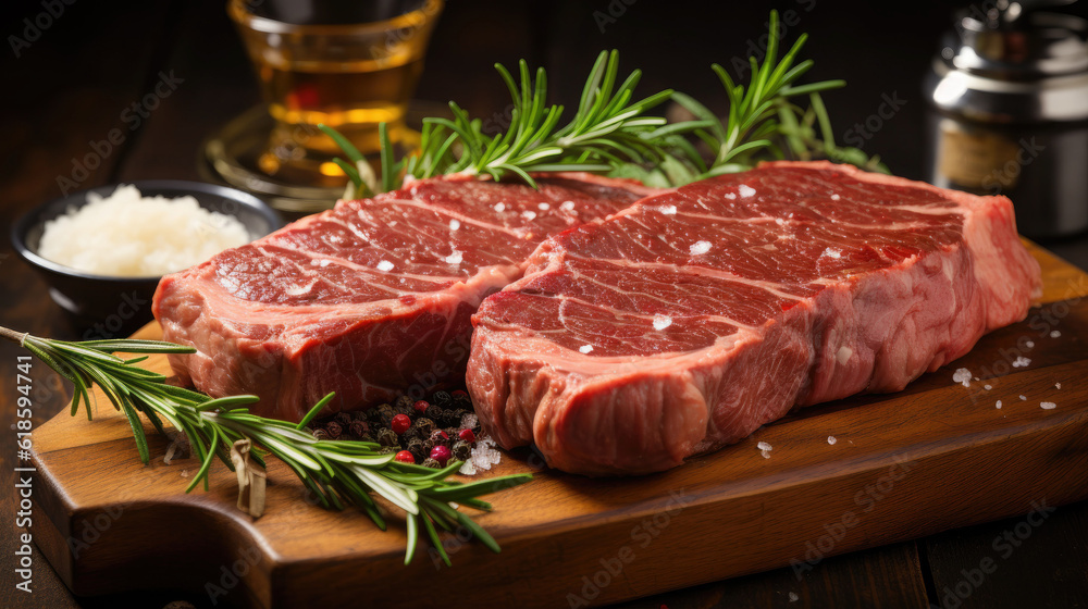 photorealism of Two raw rib eye steak on a wooden Board on a table prepared for the grill,ai generater.