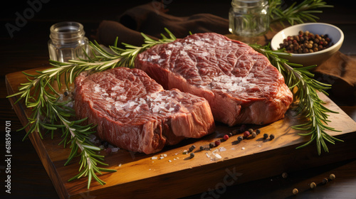 photorealism of Two raw rib eye steak on a wooden Board on a table prepared for the grill,ai generater.