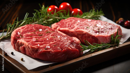 photorealism of Two raw rib eye steak on a wooden Board on a table prepared for the grill ai generater.