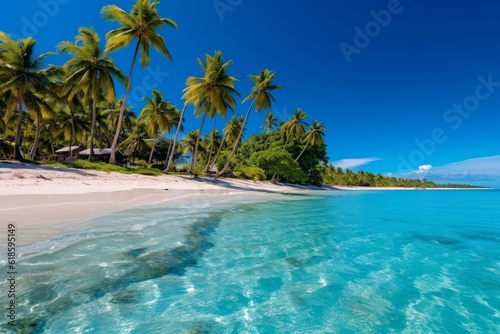 Vibrant image of a tropical island with lush palm trees  white sandy beaches  and clear blue skies  representing paradise and relaxation. Generative AI