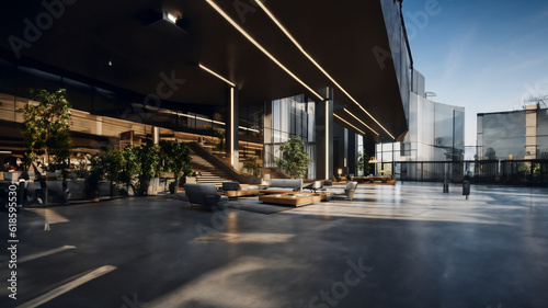 Eine Luxus Hotel Lobby mit Möbeln und einem großen Fenster Eingangsbereich, Generative AI