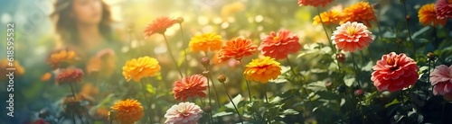Beautiful multicolored Zinnia flowers bloom during spring and summer in a sunny garden, illuminated by sunlight in the great outdoors. Ultra-wide banner format. Made with Generative AI technology © mafizul_islam