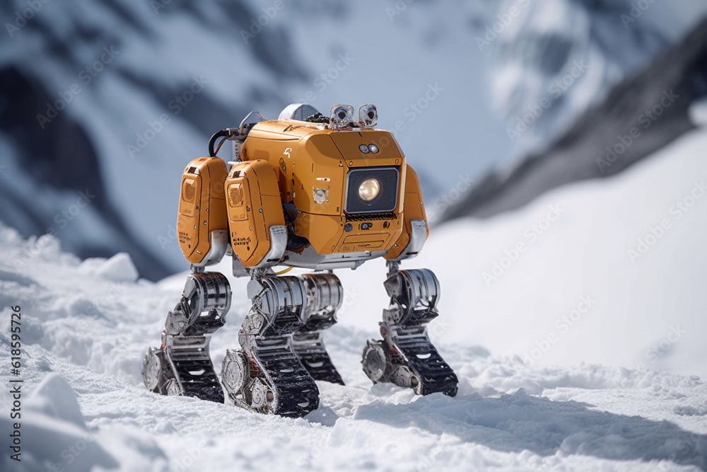 Futurystyczny żółty robot badający na śniegu - obrazy, fototapety, plakaty 