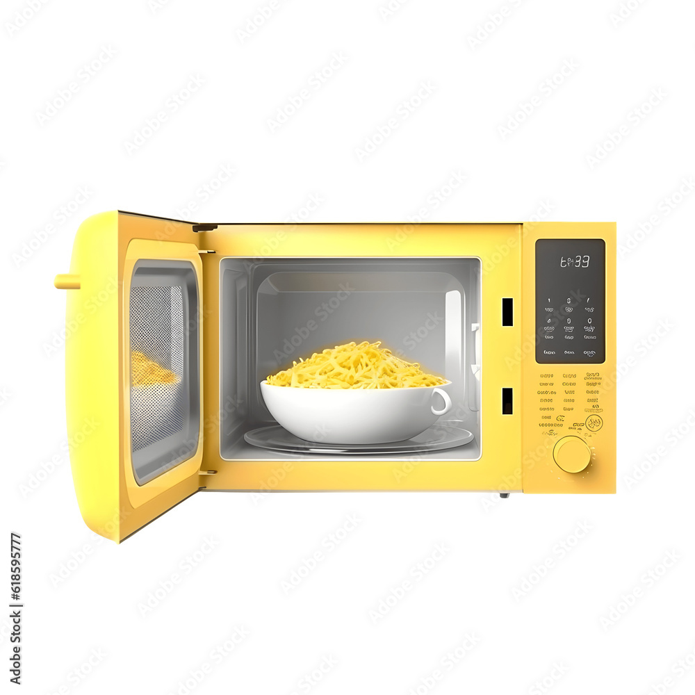 Open Shiny yellow stainless steel countertop microwave with food