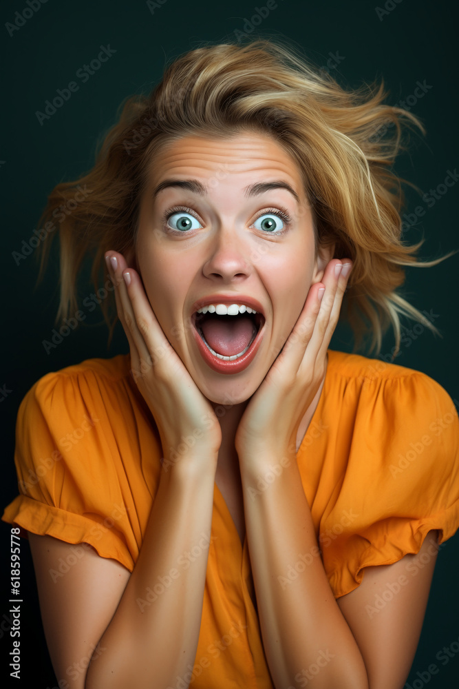beautiful girl is shocked and makes a funny face beautiful girl is shocked and makes a funny face
