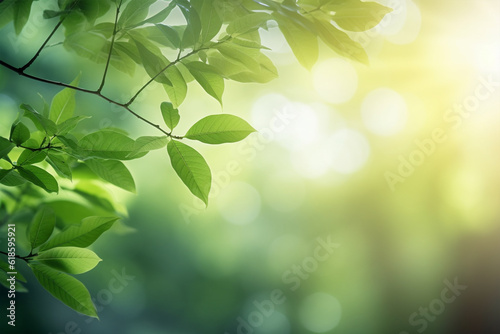 Beautiful nature background with green leaves on tree and blurry background with sunlight and bokeh