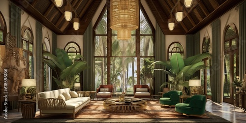 AI Generated. AI Generative. Inside design architecture interior forest jungle house room with luxury elegant design. Graphic Art