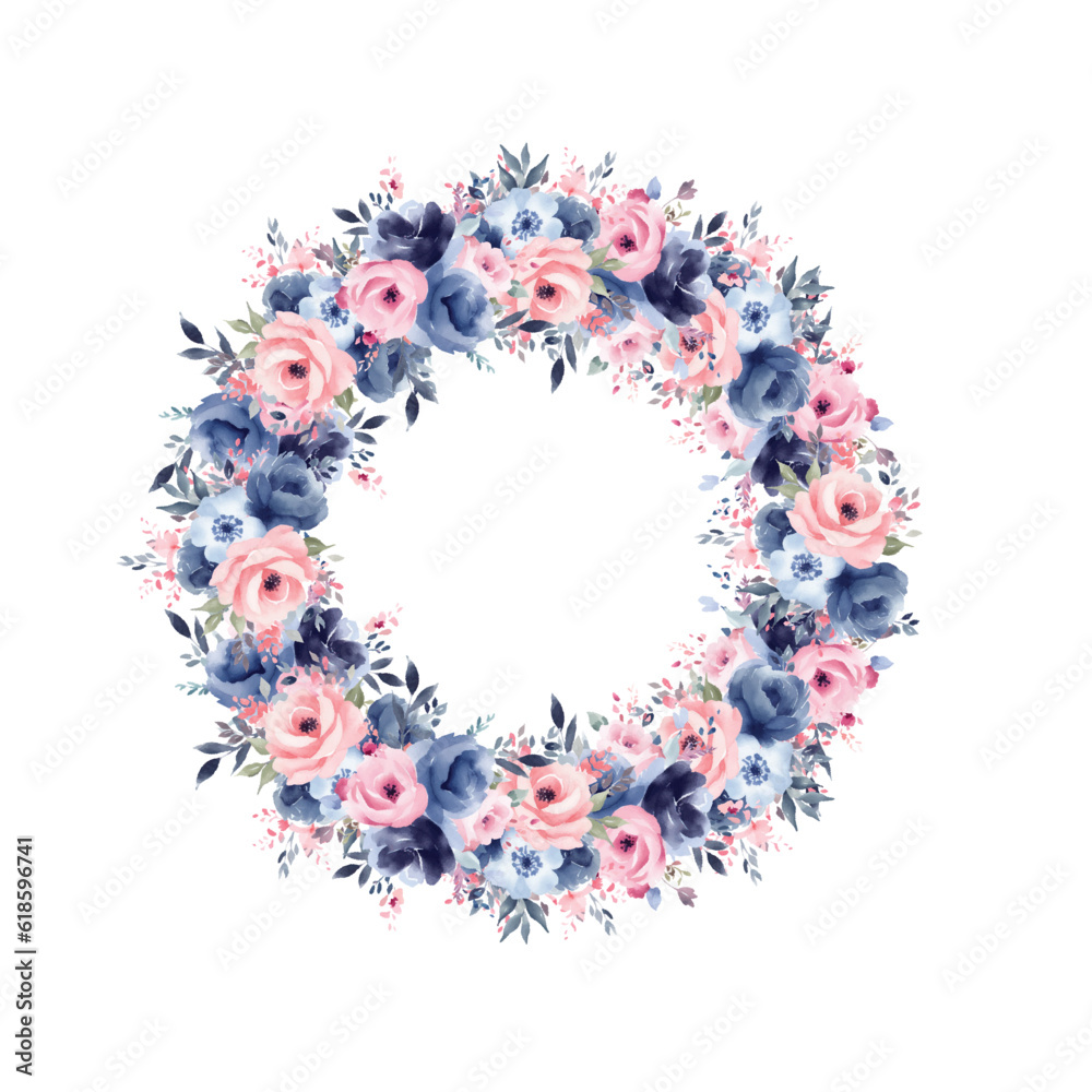 Vector flowers frame. Beautiful wreath. Elegant floral collection with isolated blue,pink leaves and flowers, hand drawn watercolor. Design for invitation, wedding or greeting cards
