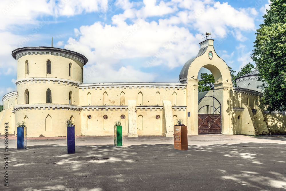 Trostyanets, Sumy Oblast, Ukraine - June 18, 2023: Outside view of the Krugliy dvіr Round Court in Trostianets. An old horse yard or arena built in 1749. External facade of the fortress