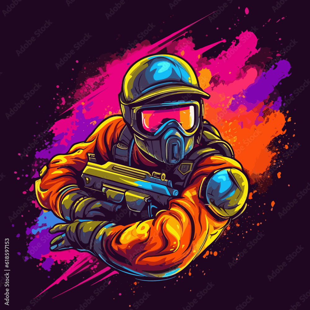 Masked Paintball player soldier at the ready with weapon in hand. Cartoon vector illustration. 