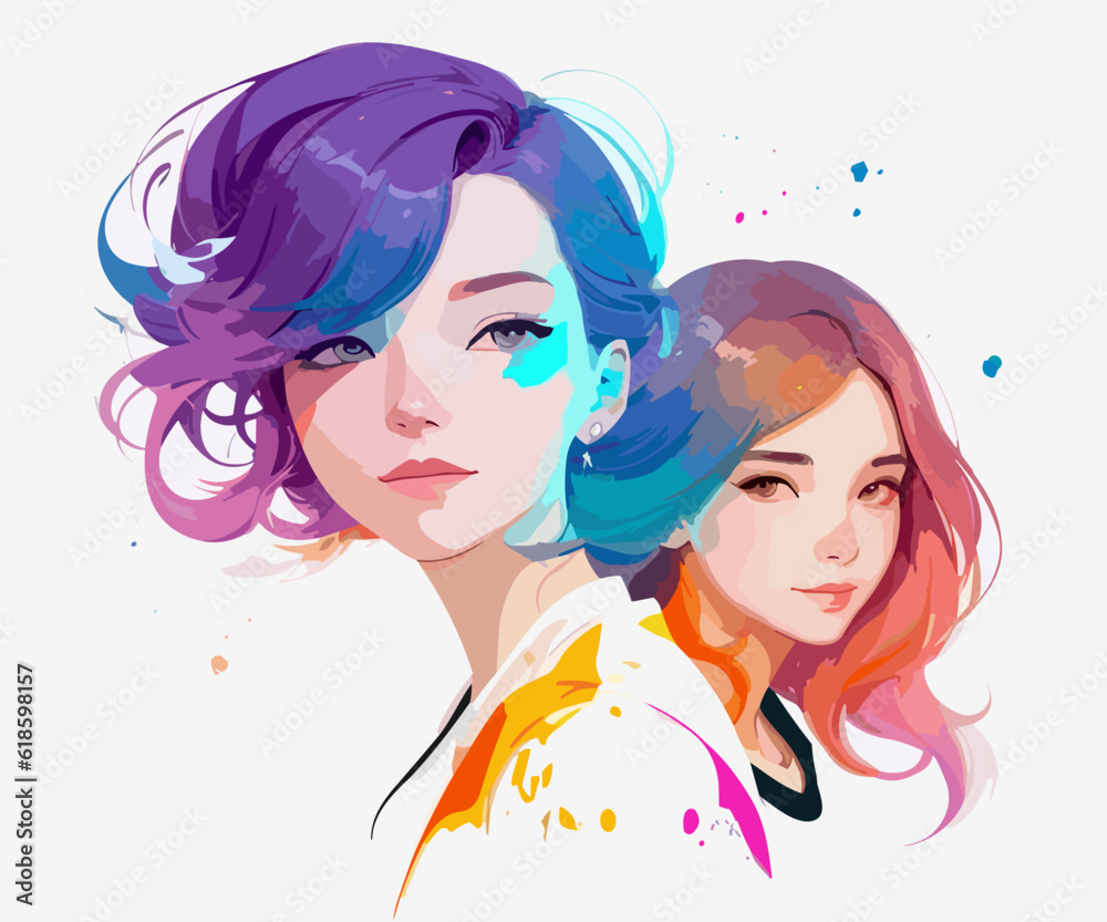 Portrait of two young women. Friends, sisters. Vector illustration isolated on white background. Book illustration. Portrait of two young women. Friends, sisters. Vector illustration isolated on white background. Book illustration.