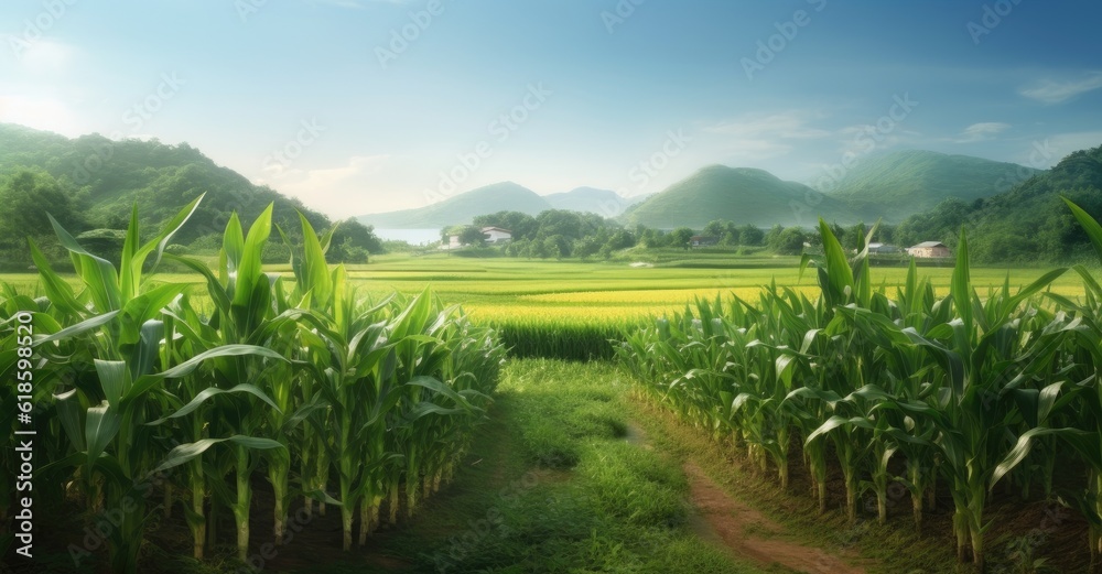 Corn cobs in corn plantation field. Created with Generative AI technology.