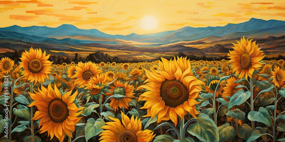 Fototapeta premium AI Generated. AI Generative. Retro illustration of sunflower sun flower field landscape. Nature outdoor farm harvest plant vibe. Graphic Art