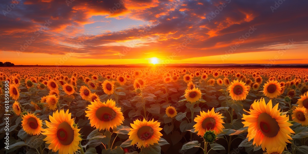 AI Generated. AI Generative. Retro illustration of sunflower sun flower field landscape. Nature outdoor farm harvest plant vibe. Graphic Art