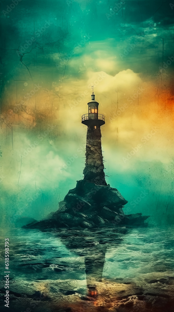Mysterious and mystical seascape with rocky island, lighthouse, blue sea and yellow sky, grunge style poster. AI generated.