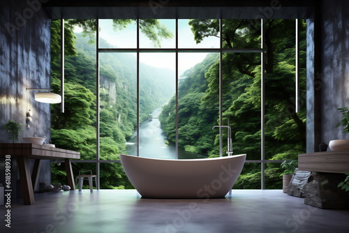 Modern contemporary loft-style bathroom with tropical-style nature view
