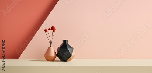 Fototapeta Naklejka Na Ścianę i Meble -  Creative mock concept. Empty pastel muted abstract large empty textured wall room with deco on table. Banner template for product presentation. Mock up 3D rendering	
