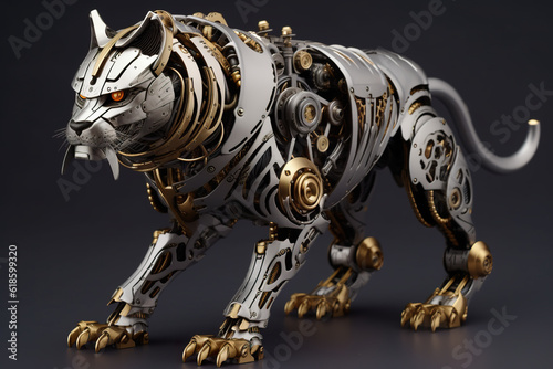 A sculpture of a tiger made out of gears. Generative AI. © tilialucida