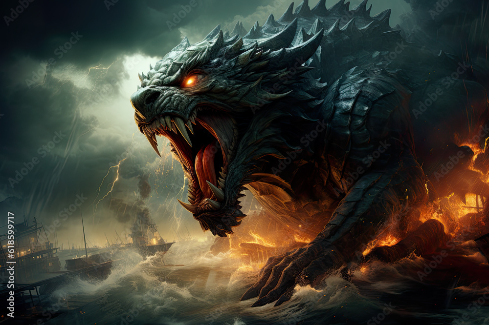 A giant monster with its mouth open in front of a ship. Generative AI. A giant monster with its mouth open in front of a ship. Generative AI.