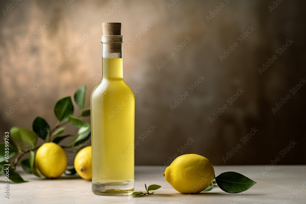 A bottle of limoncello and lemon on light rustic background. Lemon liqueur. Generative AI A bottle of limoncello and lemon on light rustic background. Lemon liqueur. Generative AI