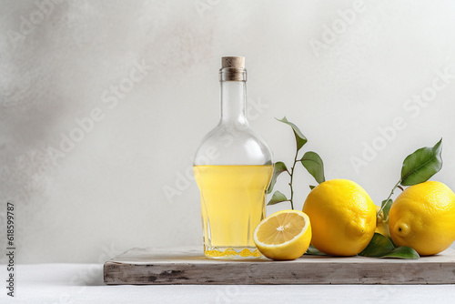 A bottle of limoncello and lemon on light rustic background. Lemon liqueur. Generative AI