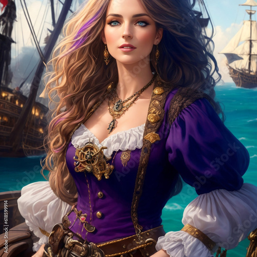 Danielle van de Donk, full body potrait of a photorealistic beautiful woman, (aboard a pirate ship black pearl), intense coloration fantasy, light hair, a stunning realistic photograph 20 years , rand photo