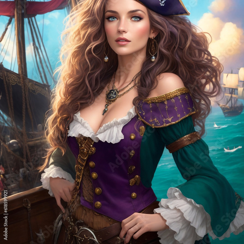 Danielle van de Donk, full body potrait of a photorealistic beautiful woman, (aboard a pirate ship black pearl), intense coloration fantasy, light hair, a stunning realistic photograph 20 years , rand photo