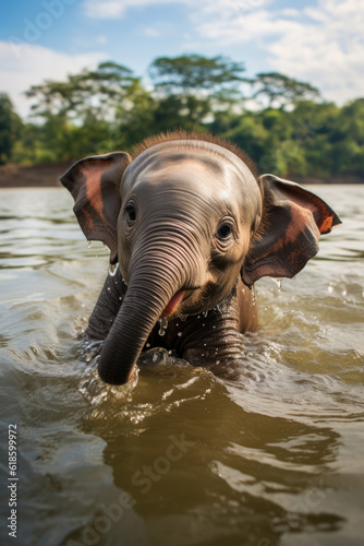 Baby elephant playing in the river