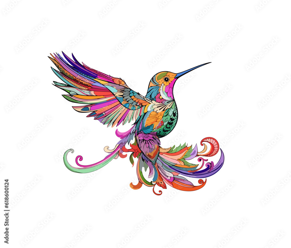 Obraz premium Flat vector illustration of a hummingbird with color patterns on a white background