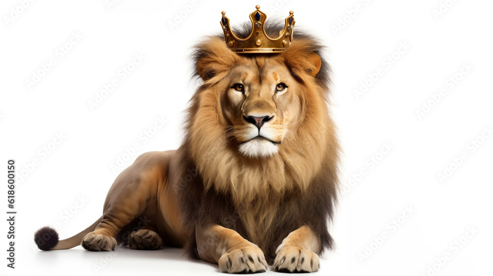 A lion wearing a crown posing as the king of the jungle. Generative AI.