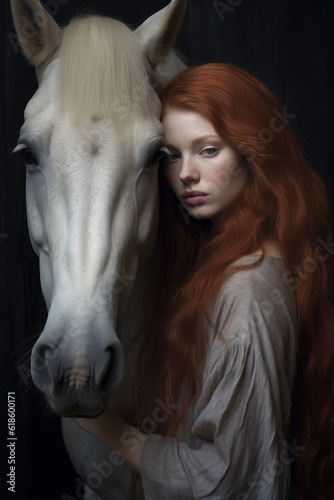 A girl with red hair standing next to a White Horse