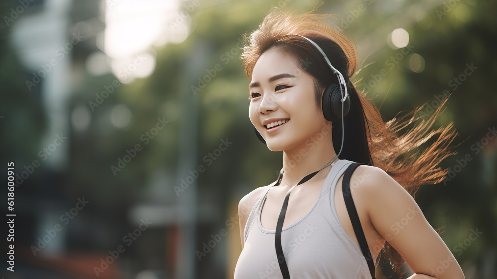 asian healthy woman. she's wearing y2k headphones style . beautiful and healthy. jog in the morning., jog, healthy, woman, smile, generativeAI