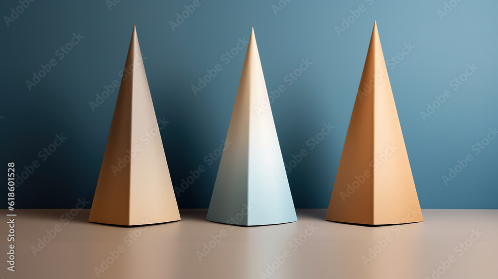A group of three paper cones sitting on top of a table. Generative AI. Simple Christmas trees. A group of three paper cones sitting on top of a table. Generative AI. Simple Christmas trees.