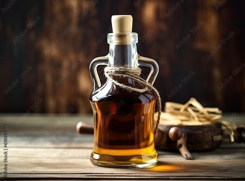 Aromatic homemade vanilla extract on wooden table, closeup. Space for text. Created with Generative AI technology. Aromatic homemade vanilla extract on wooden table, closeup. Space for text. Created with Generative AI technology.