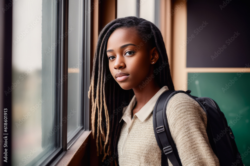 Digital portrait of teenager african american school girl holding a backpack in front of the blackboard. Back to School concept. Generative AI