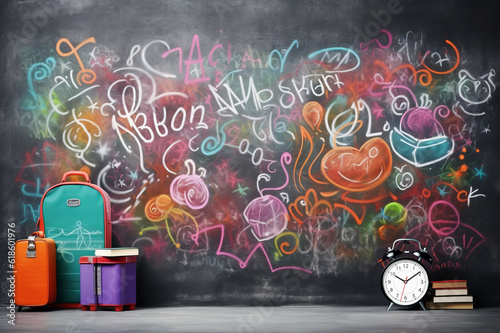 Back to school and happy time! Backpack and school supplies on front of graffiti wall at the elementary school. Created using AI tool