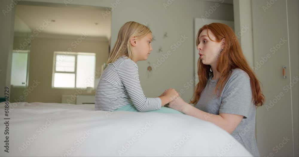 Support, love and mother talking to child for advice, care and discipline of sad daughter in a bedroom together. Trust, conversation and parent speaking to girl or young kid with a problem on a bed Support, love and mother talking to child for advice, care and discipline of sad daughter in a bedroom together. Trust, conversation and parent speaking to girl or young kid with a problem on a bed