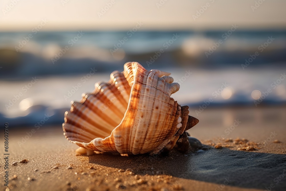 Beach concept. Sea shell with the ocean in the background generated by AI Beach concept. Sea shell with the ocean in the background generated by AI