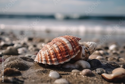 Beach concept. Sea shell with the ocean in the background generated by AI