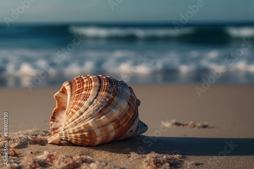 Beach concept. Sea shell with the ocean in the background generated by AI