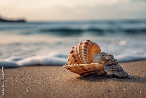 Beach concept. Sea shell with the ocean in the background generated by AI © Yaroslav