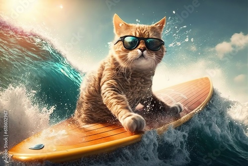 Funny animals ride a surfboard on the ocean waves generated by AI