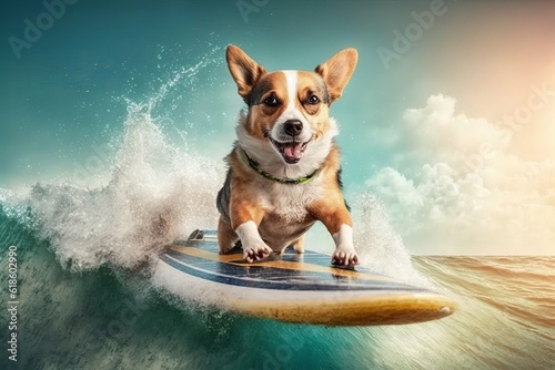 Funny animals ride a surfboard on the ocean waves generated by AI © Yaroslav