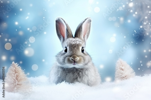 A rabbit sitting in the snow with trees in the background. Generative AI.