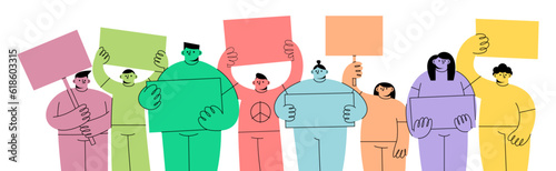 People holding signs. Youth doodle characters different bright colors, persons with empty posters, cards or banner, group of activists. Men and women on parade vector cartoon template