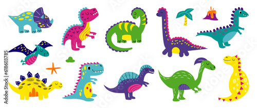 Dino set. Colorful dinosaurs, doodle style drawing, print or nursery decor isolated elements. Fantasy velociraptor and funny T-rex. Childish wild animals cartoon flat vector illustration