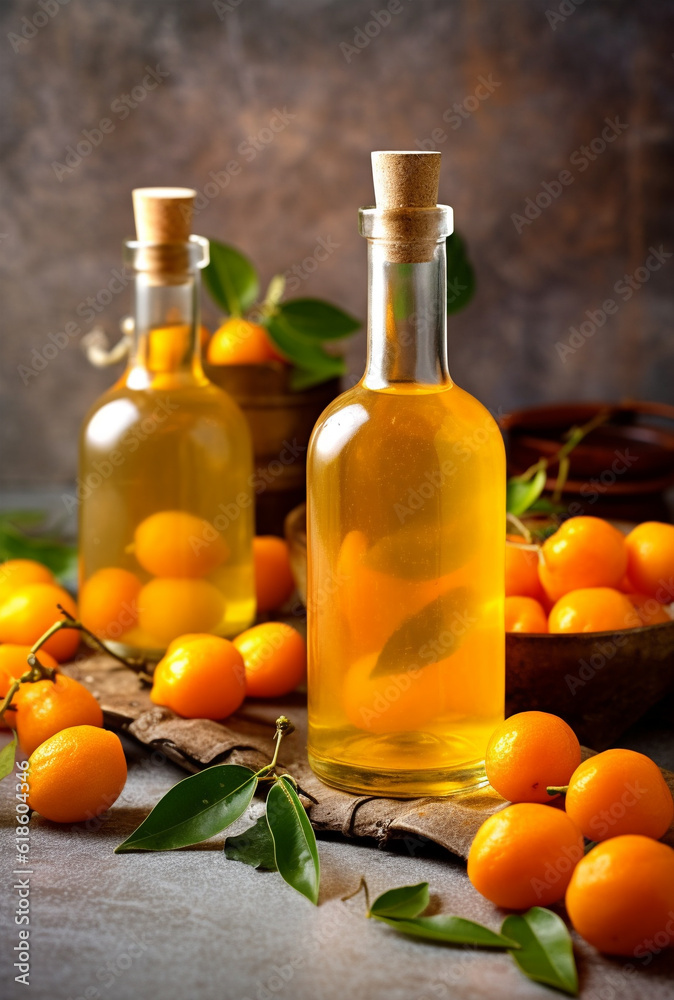 Kumquat liqueur with kumquat on light background. Greek kumquat tincture. Generative AI Kumquat liqueur with kumquat on light background. Greek kumquat tincture. Generative AI